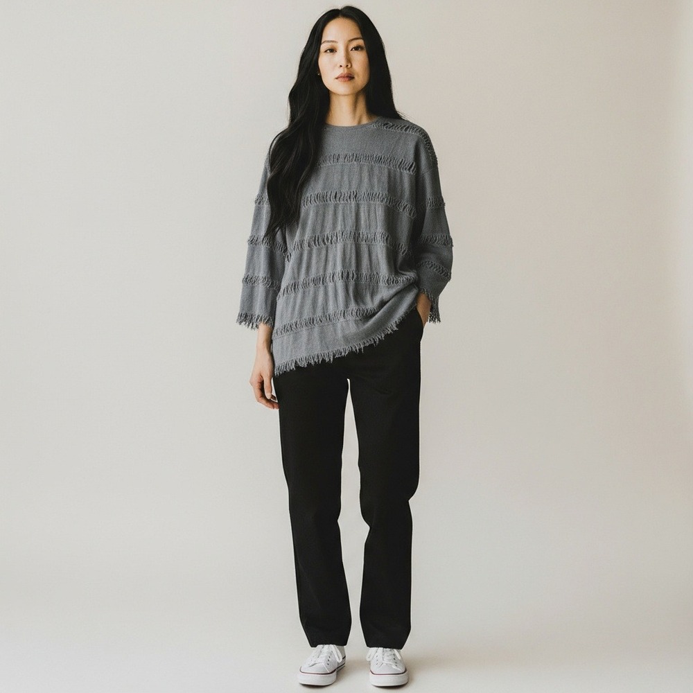 ZARA Distressed Tunic Tee Charcoal Grey Fringed Goth Witchcore Small